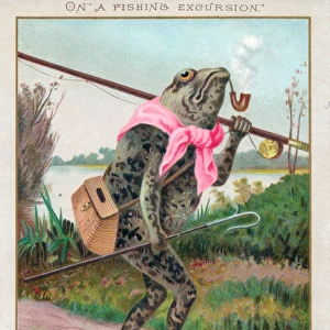 Frog fisherman on a New Year card