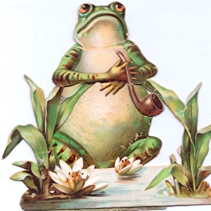 Frog with pipe and lilies on a cutout greetings card