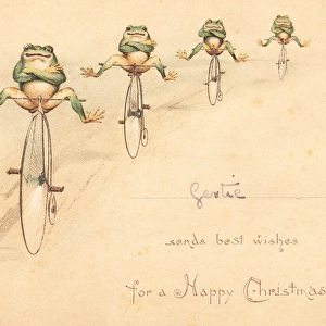 Four frogs on bicycles on a Christmas card