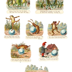 Frogs playing with a ball on eight Victorian scraps
