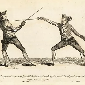 Gentlemen fencers in thrust and parry positions