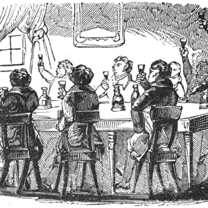 Gentlemen toasting round dinner table, c. 1800