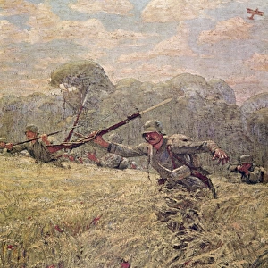 German soldiers advancing through cornfield, WW1