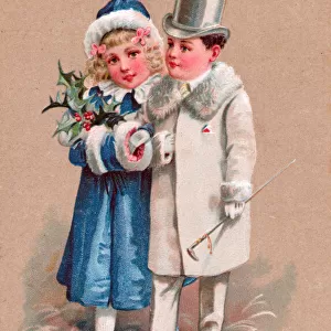 Girl and boy in the snow on a Christmas postcard