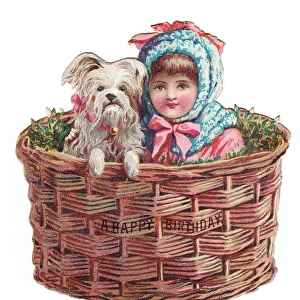 Girl and dog in a basket on a cutout birthday card