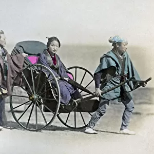 Girl in rickshaw, Japan, circa 1880s. Date: circa 1880s