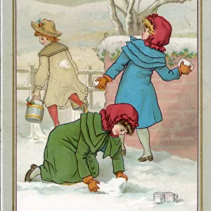 Girls snowballing on a New Year card
