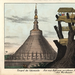 Golden Temple at Pegu (Bago), Burma, and Burmese tree fort