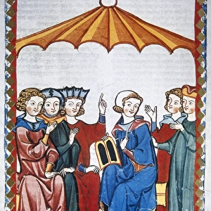 Gottfried von Strassburg, 13th century poet, with his work