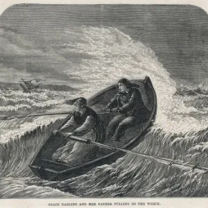 Grace Darling Rowing to Rescue, Print of Heroic Act Grace Darling Rowing to Rescue, Print of Heroic Act