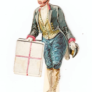 Greetings card in the shape of a footman with a parcel