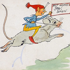 Hand-drawn Greetings Card - Gnome riding a mouse