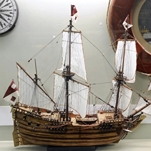 History of navigation. Medieval boat. Art model. Museum of H