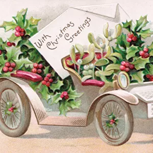 Holly and mistletoe in a car on a Christmas postcard