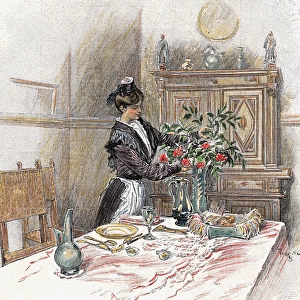 Housemaid decorating the table with a vase of flowers. Color
