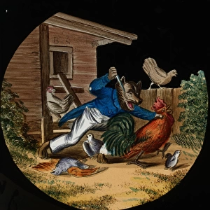 Illustration of a wolf lunging at a rooster with a knife