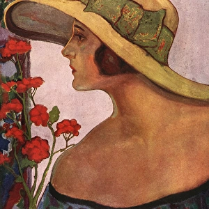 An illustration of a woman in a summer hat and dress