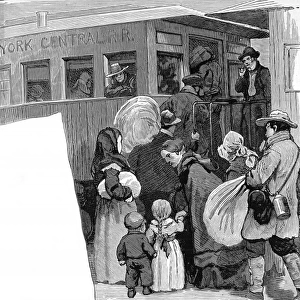 Immigrants getting on trains at New York, 1886