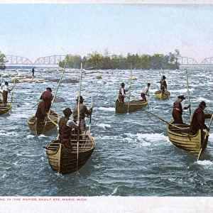 Indians fishing, Rapids, Sault Sainte Marie, Ontario, Canada