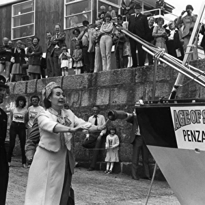 Janet Fookes MP launching yacht, Penzance, Cornwall