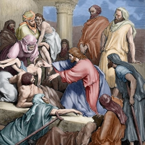 Jesus healing the sick. Engraving. Colored