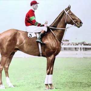 Jim Pike, Australian jockey, on his horse, Phar Lap