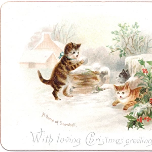 Three kittens snowballing on a Christmas card