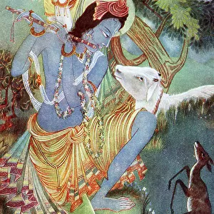 Krishna playing flute, painting by Ranada Ukil