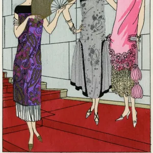 Three ladies in evening dresses by Paul Poiret and Beer