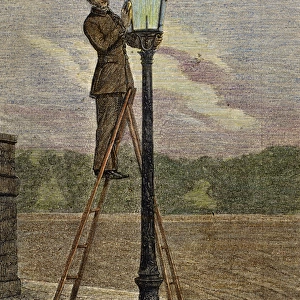 Lamplighter cleaning an old lamppost