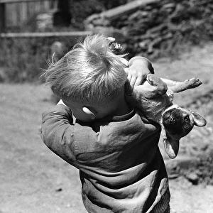 Little boy carrying a dog over his shoulder