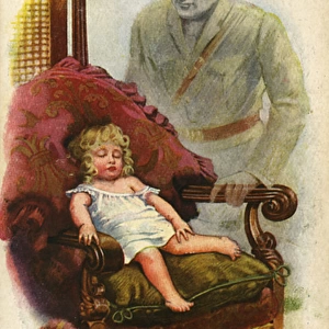 Little girl asleep, dreaming of her soldier father, WW1