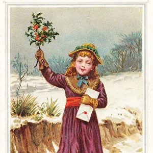 Little girl with holly on a Christmas card