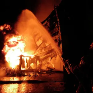 Firefighters at Warehouse Fire Scene Print, East London Firefighters at Warehouse Fire Scene Print, East London