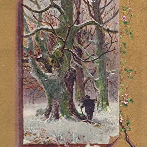 Man carrying firewood on a Christmas card