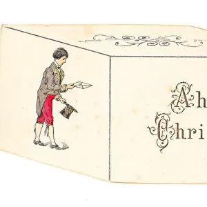 Man delivering a letter on a box-shaped Christmas card