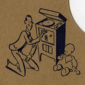 Man plays gramophone record for baby
