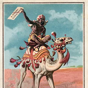 Man riding on a camel on a Christmas card