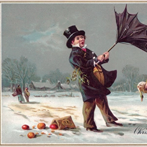 Man with umbrella in the snow on a Christmas card