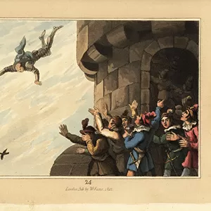 Medieval knight in armour falling to his death from a tower