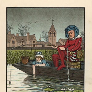 Medieval man fishing from a boat in a waterlily pond