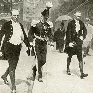 Men in court dress and uniform in a London street