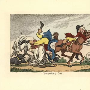 Two men falling off their horses after showing off