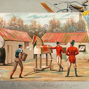 Three men with wooden horse on a Christmas card