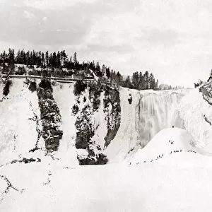 Montmorency Falls, Canada, frozen in winter, circa 1890. Date: circa 1890