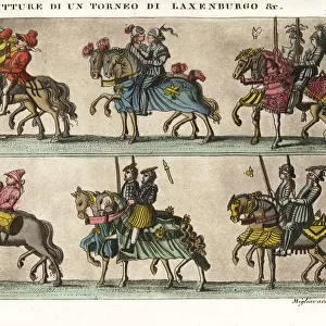 Mounted knights in armour in a procession, 15thC tournament