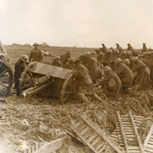 Moving a field gun stuck in mud, Western Front, WW1