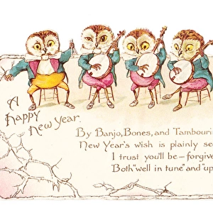 Five musical owls on a cutout New Year card