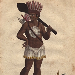 Native American wearing a headdress and short
