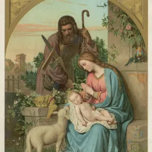 Print of The Nativity with Lamb featuring Joseph and his carpenter's tools
